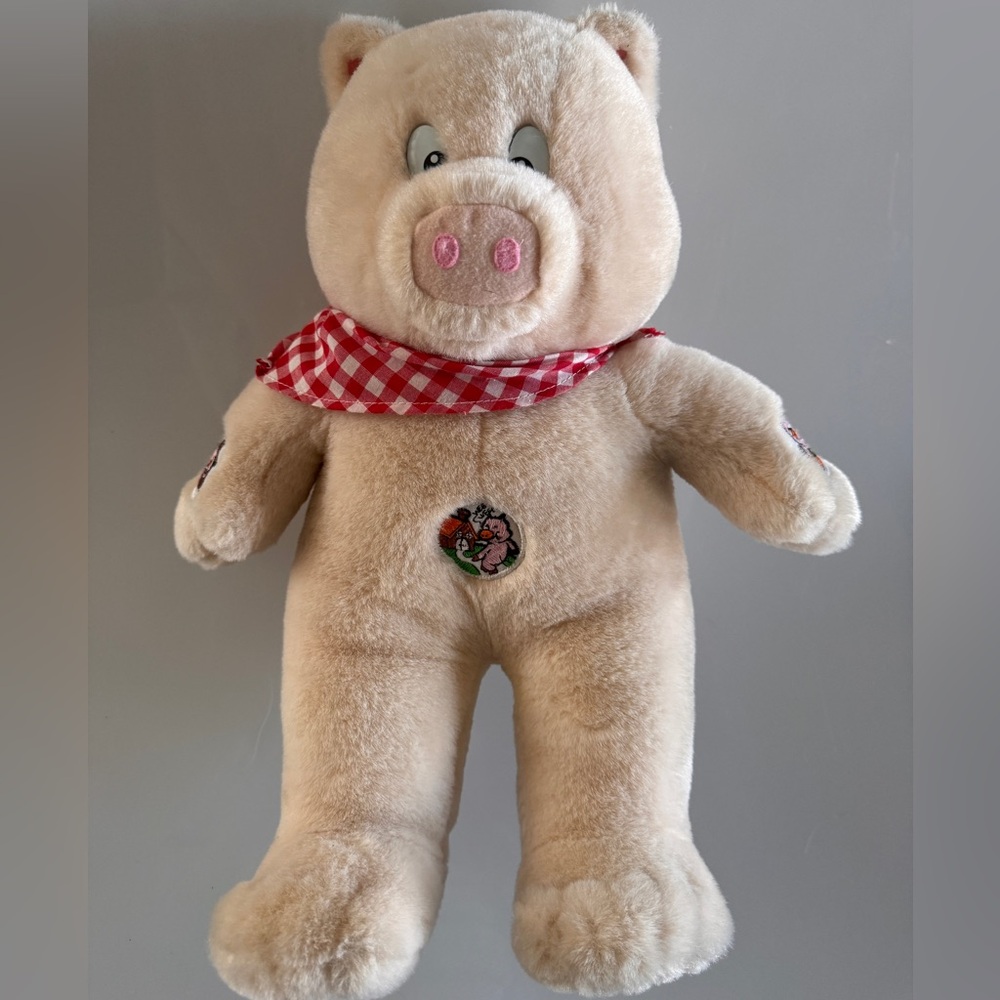 Vintage stuffed Plush Pig Toy with Red Checkered Scarf-CHECKED-WORKS